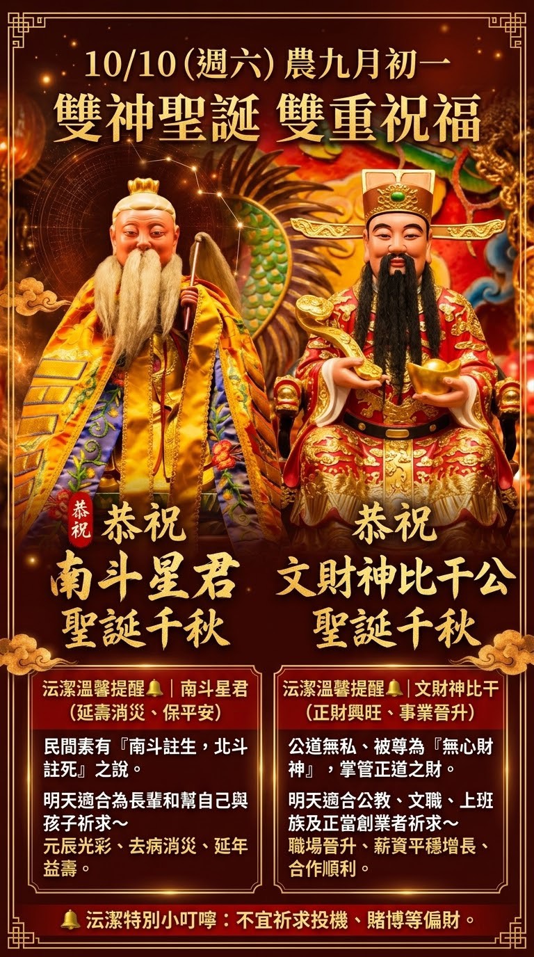 2026年10月10日雙神聖誕｜南斗星君與文財神比干聖誕千秋－李沄潔老師祭拜提醒